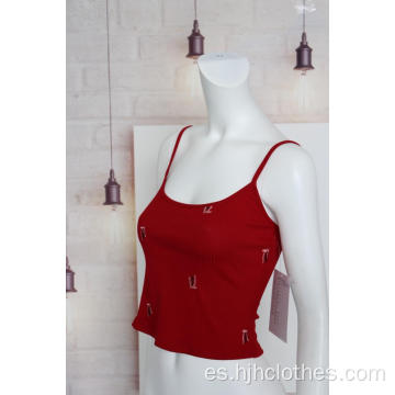 Camiseta sin mangas con cuello halter bordada roja para mujer
